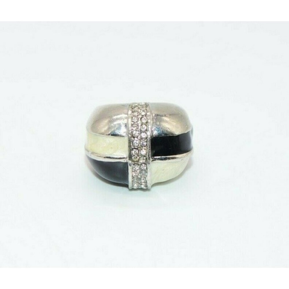 Cream Black Enamel Clear Rhinestone Dome Silver